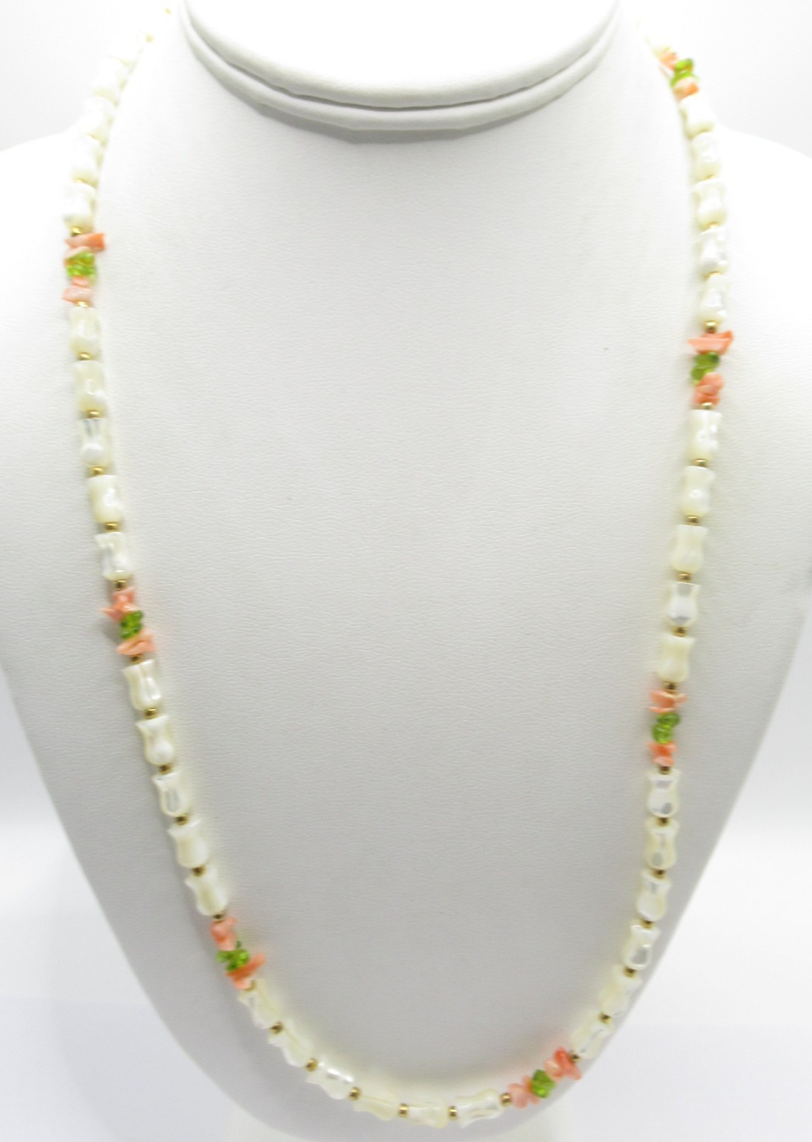 Mother of Pearl Real Shell Carved Tulip Peridot and Coral Chip Long Necklace Vtg