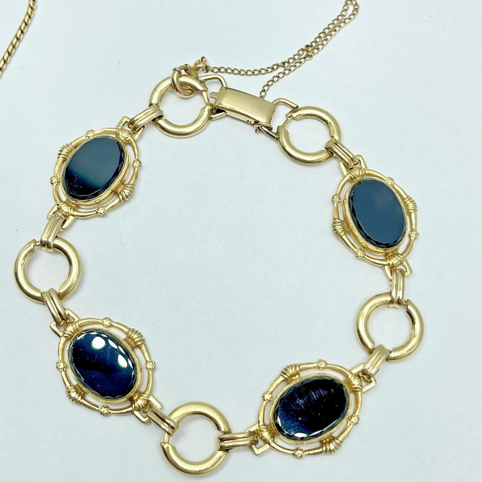 Vtg. CM 1/20 12KT GF Jewelry Set Necklace, Bracelet & Earrings Black Glass -MC