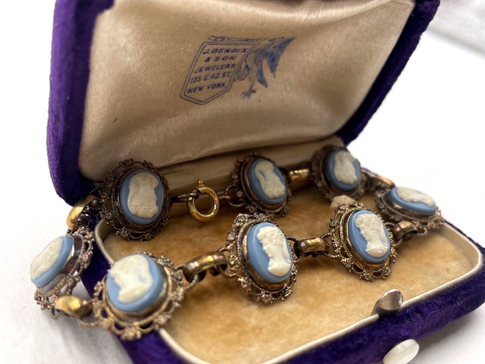 SET DEMI-PARURE BRACELET BROOCH PENDANT CHAIN CAMEO BLU PORCELAIN STERLING SLVER