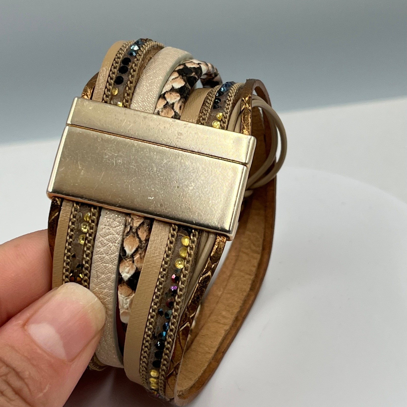 Vintage Multi-Strand Brown Leather Wrap Bracelet w/ Pearl Rhinestone Heart Charm