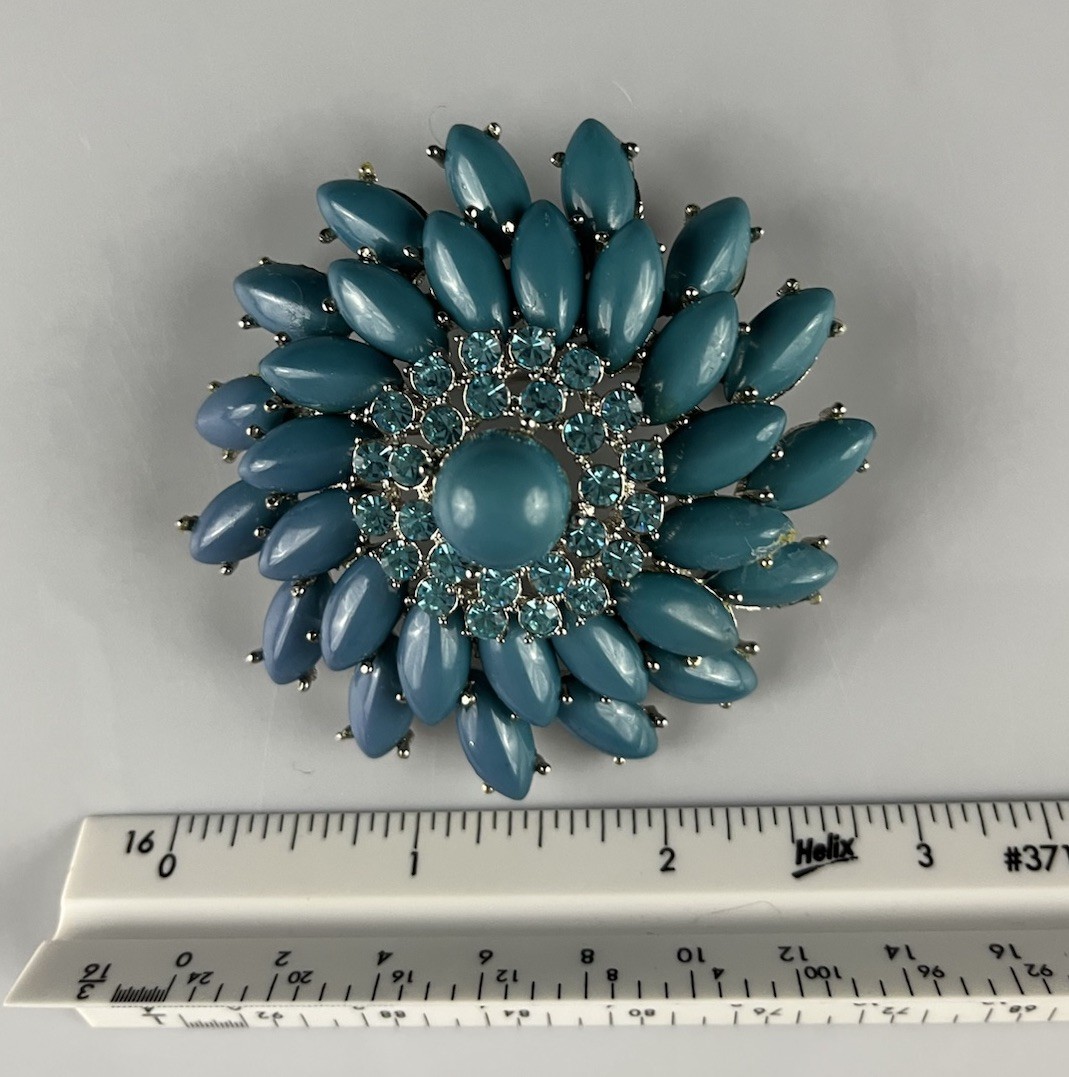 Large Retro Teal Blue Faux Turquoise Flower Brooch Tiered Silver Tone Sunburst