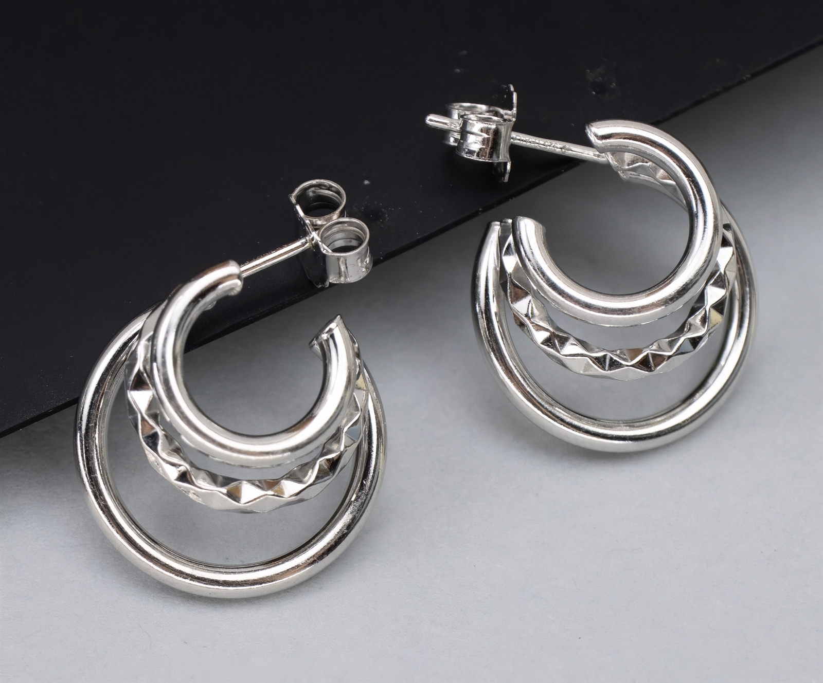 Polished & Faceted Triple Hoop Sterling Silver Earrings 3.4g