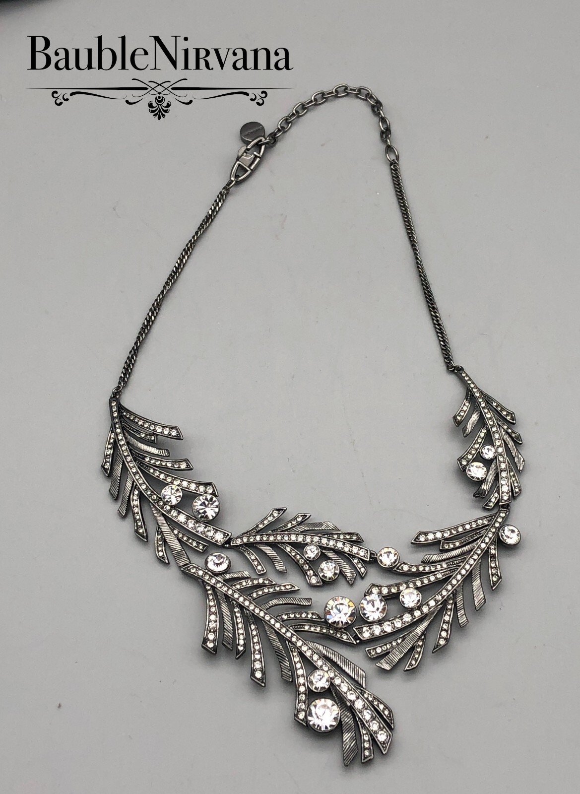 Givenchy Gun Metal & Rhinestone Textured Leaves Statement Bib Necklace WOW!!