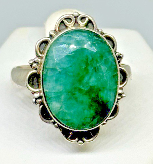 Vintage Artisan 12x17mm Oval Faceted Green Beryl Ring 925 Silver Size 7.5