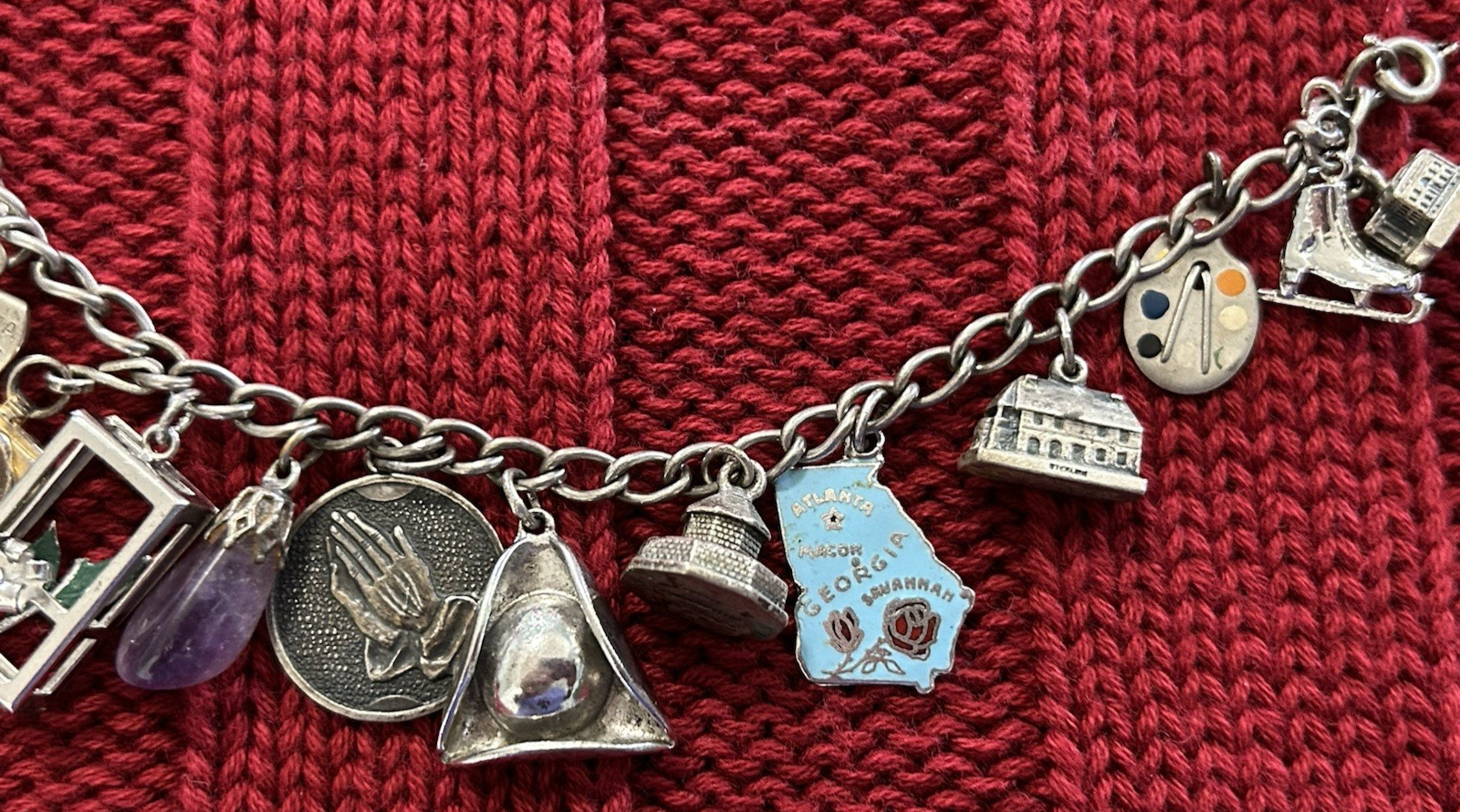 Vtg Sterling Silver Charm Bracelet w 15 Travel Buildings State Diploma UTC 47g
