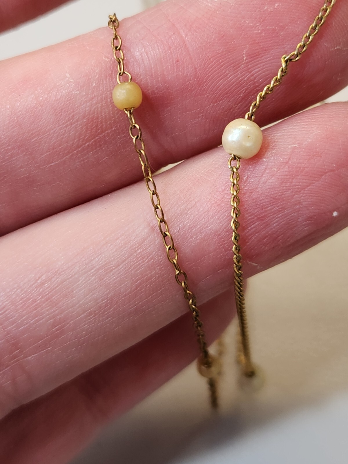 Lot of 2 Vintage Faux-Pearl Necklace Gold Tone Chain Spring Ring