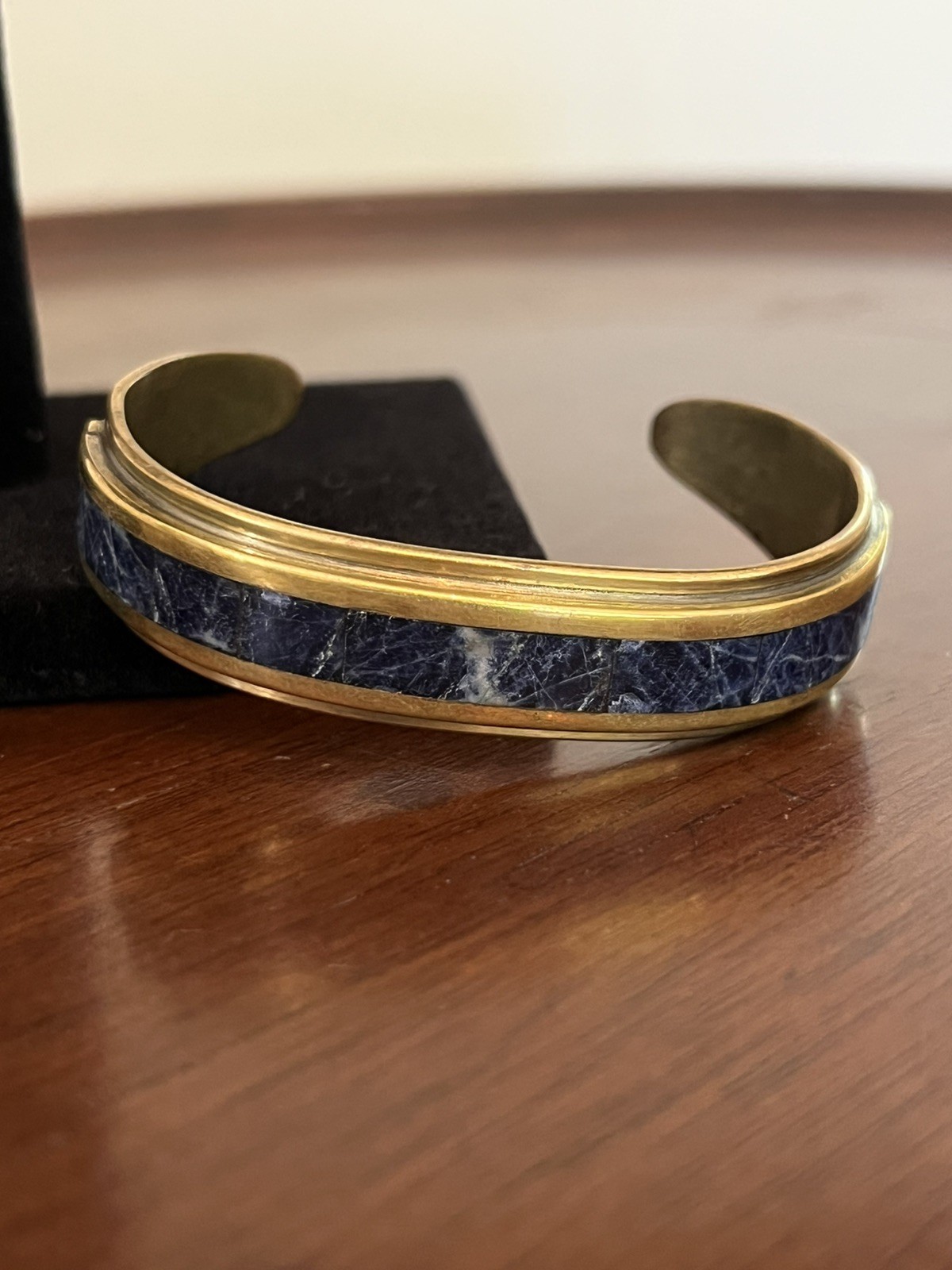 Vintage Brass Cuff Bracelet with Blue Stone Inlay MCM Small 5.5″