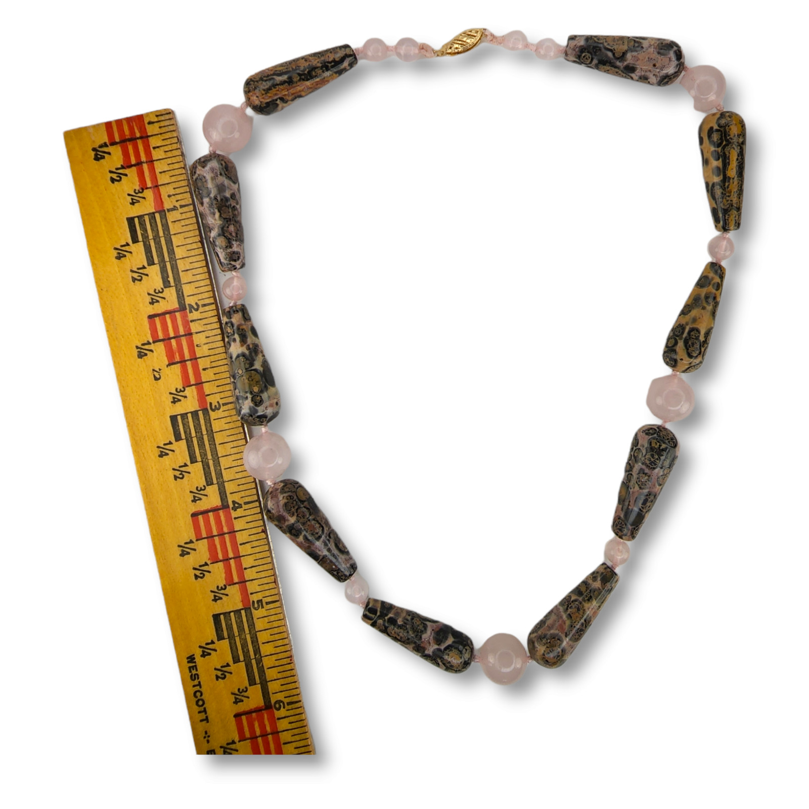 Vintage Rose Quartz and Pink Ocean Jasper Necklace with 14KT Yellow Gold Clasp