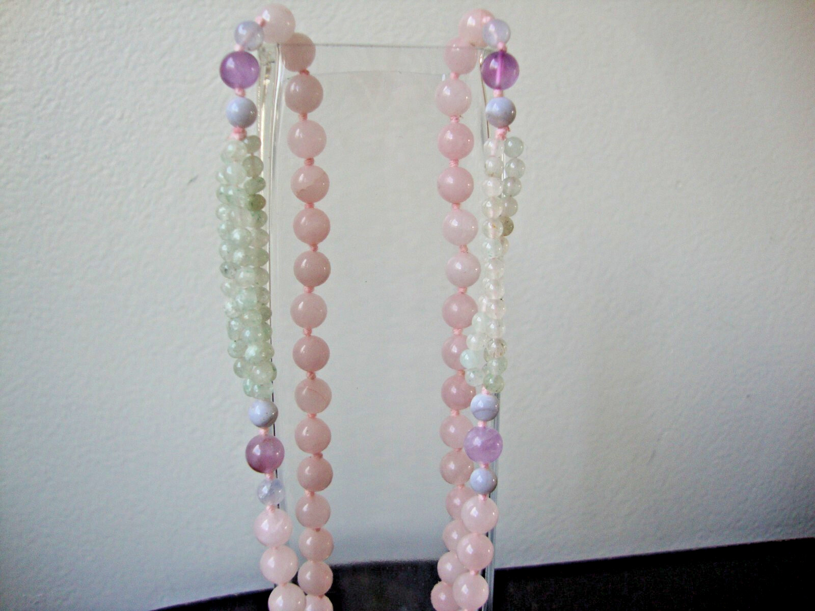 VINTAGE MEDLEY BLUE LACE AGATE AVENTURINE AMETHYST & ROSE QUARTZ BEAD NECKLACE