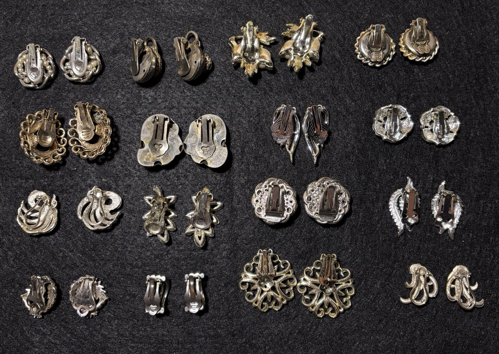 Vintage 1950s- 1980s Earrings Lot Silver Tone 16 Complete Pairs Wear Resell