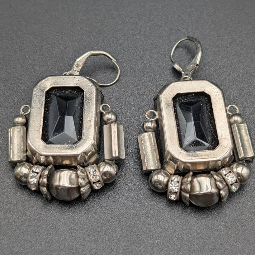 Vtg Earrings Statement Black Silver Geometric Faceted Glass Rhinestone Polished