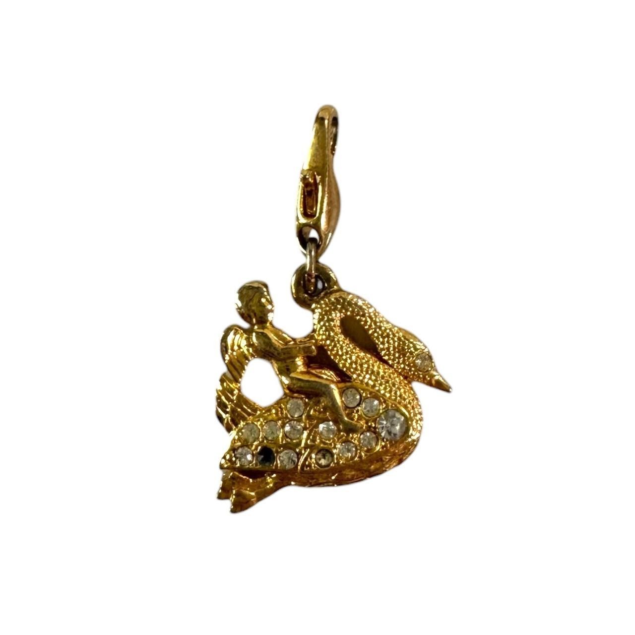 Vintage gold tone Charm Lobster Claw Clasp Cherub Riding Swan .75” Rhinestone