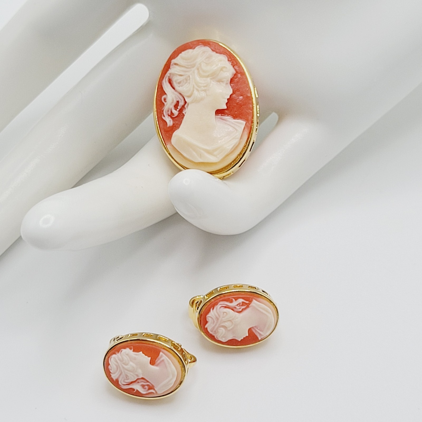Cameo Set Resin Backed Gold Tone Open Works Frame Salmon Coral Color Revival