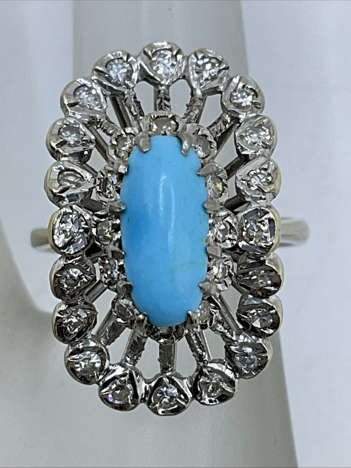 Ladies Ring Solid 18K W.Gold Turquoise & Diamond UNUSUAL DESIGN VINTAGE HANDMADE