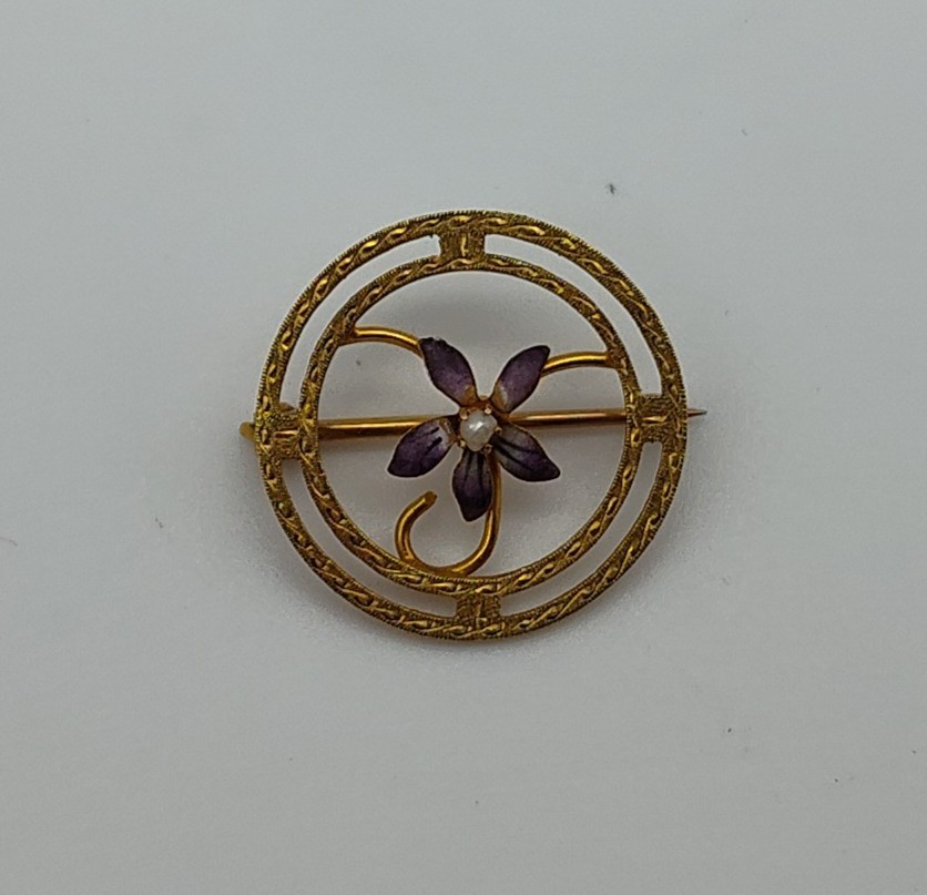 Vintage 10K Yellow Gold Circle Blue Flower Purple Violet Pearl Brooch Pin Lapel