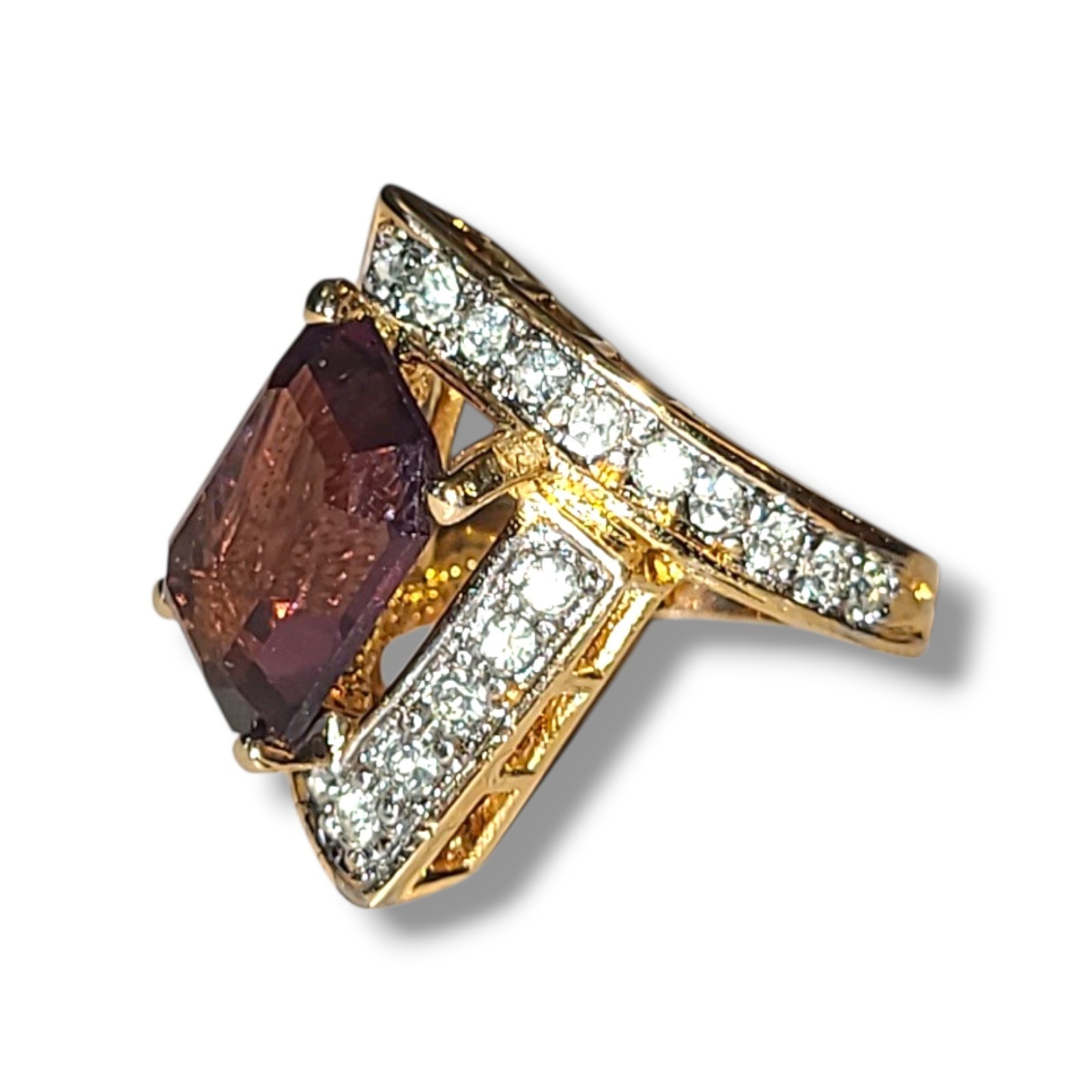 Vintage 18K HGE CZ Cocktail Ring Emerald Cut Purple Crystal Gold Statement Sz 9