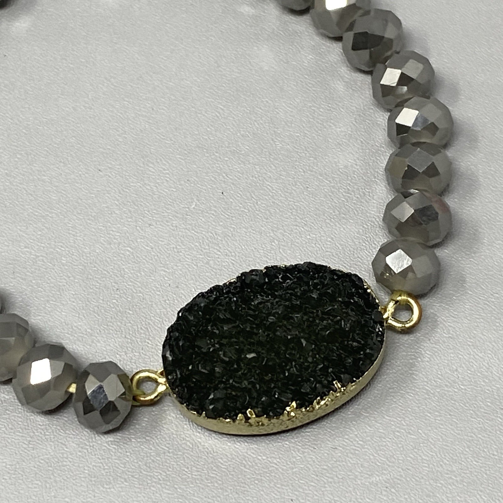 Black Druzy Stone Bracelet Gray Metallic Iridescent Fire Polish Faceted Stretch