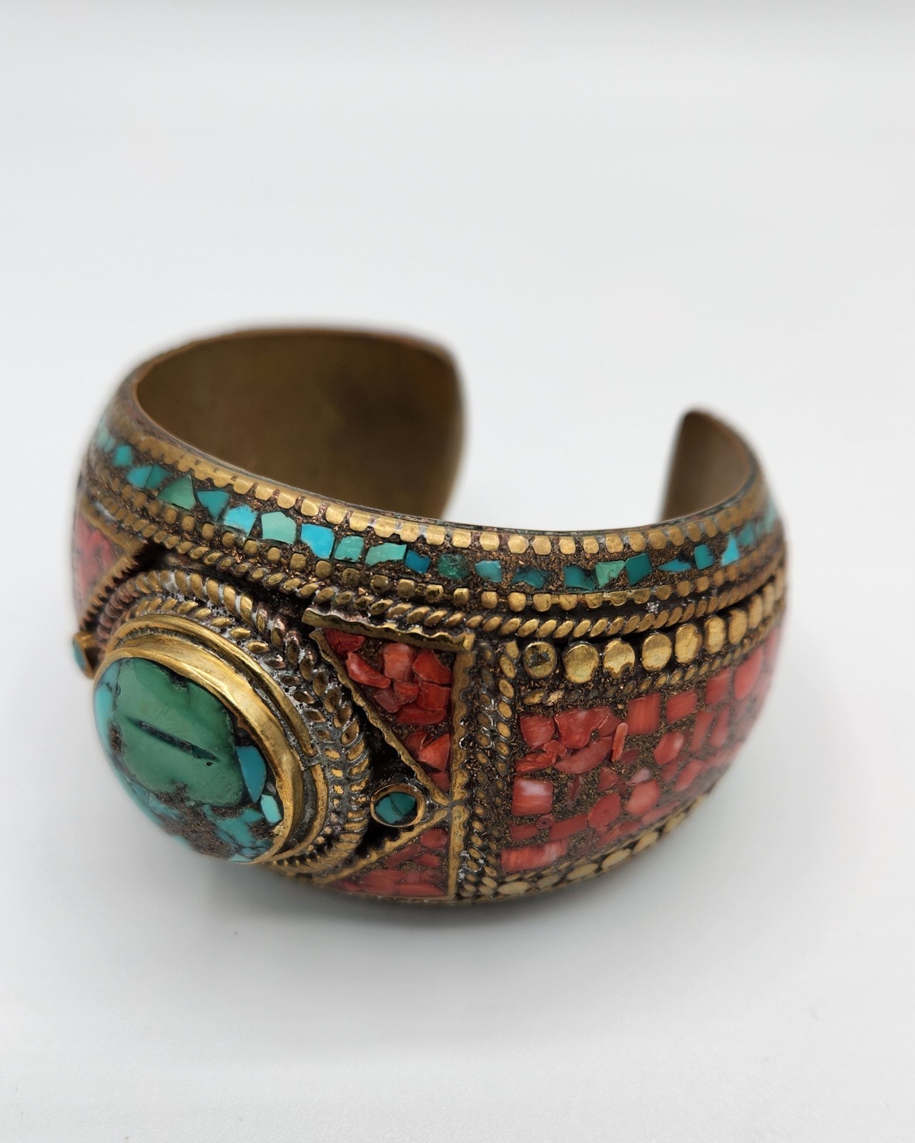 Vintage Brass Tibetan Style Inlaid Cuff Bracelet Multi Color Stones