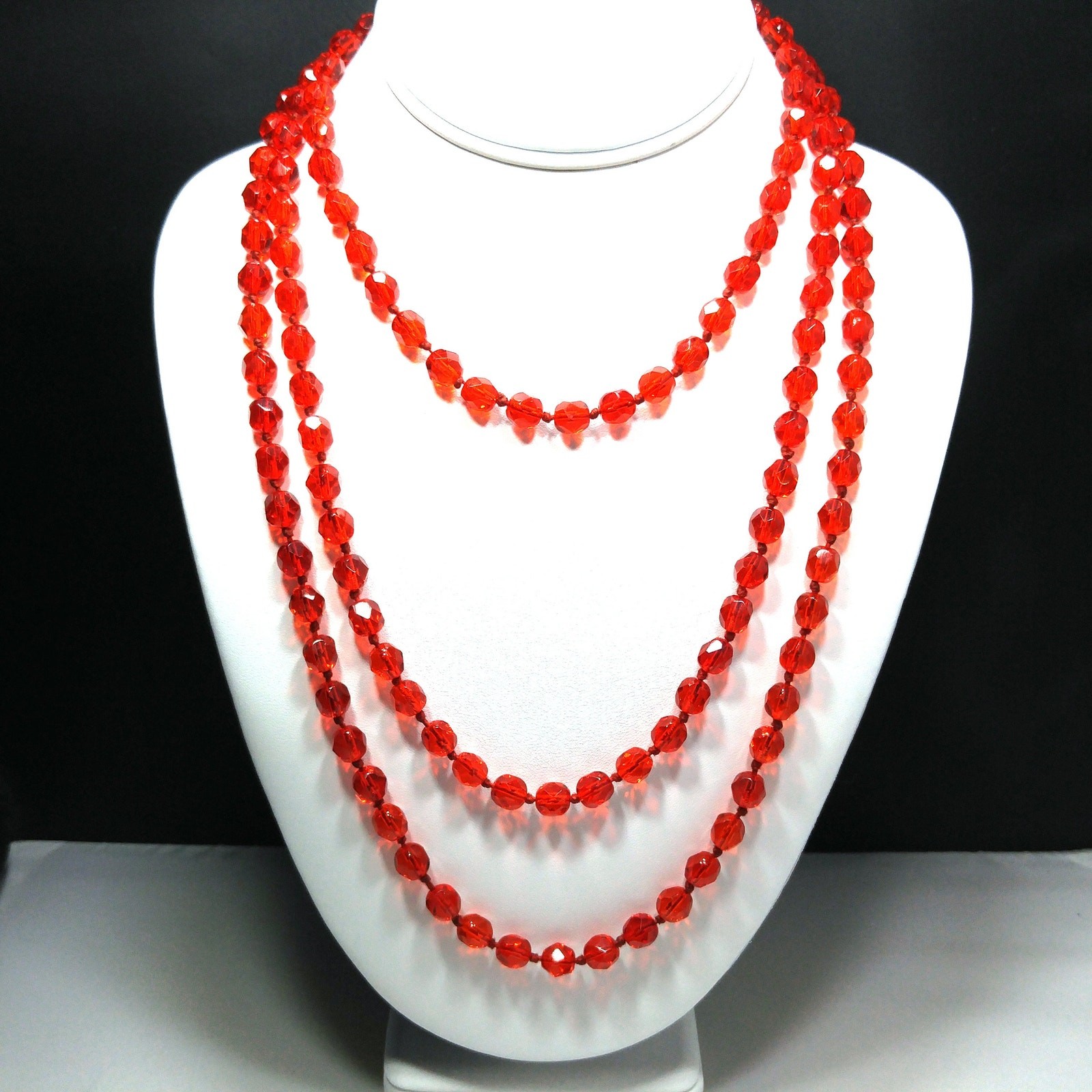 Vintage Red Crystal Hand Knotted Long Necklace, 62 Inches, No Clasp, Vintage