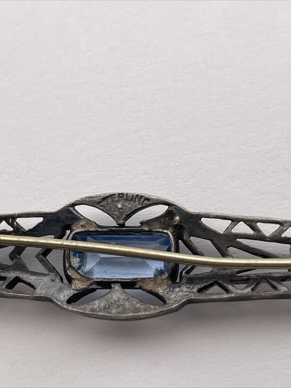 Antique Sterling Silver ART DECO Open Work Bar Brooch Blue Iolite ? & Glass