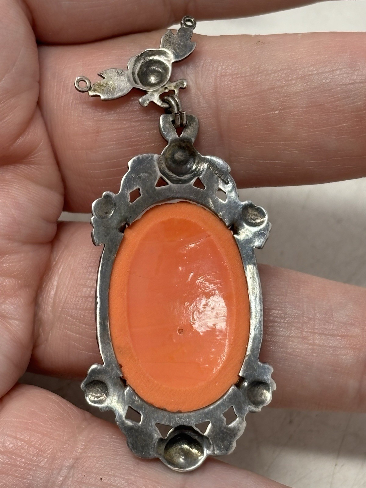 Art Deco Molded Glass Coral Marcasite Pendant Flower Design