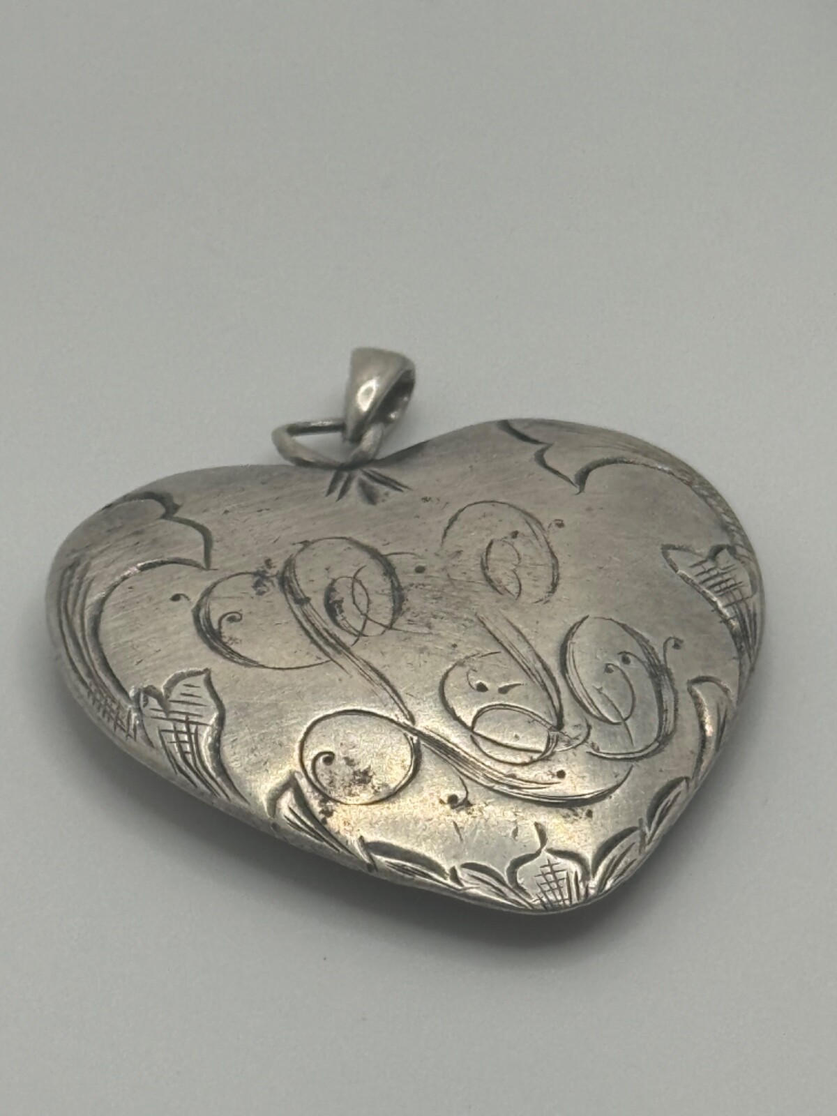 Antique Victorian Sterling Silver Monogram Engraved Heart Pendant