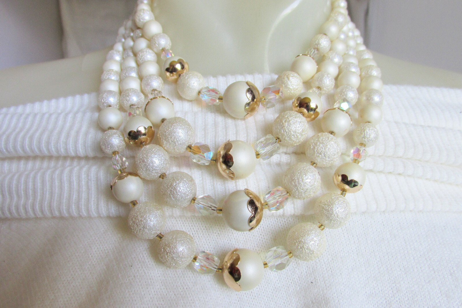 Cream AB Crystal Beads Bib Choker Necklace Textured Satin Vintage Retro JAPAN