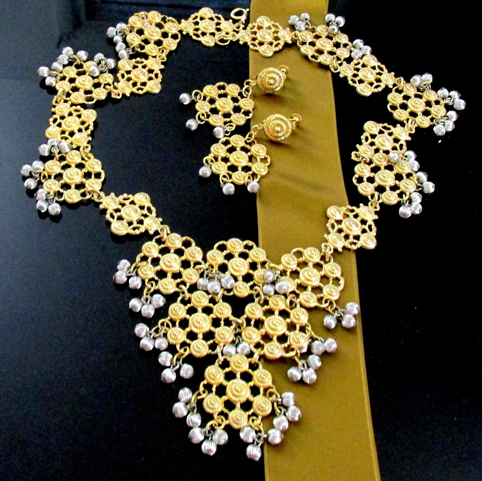 VTG Rare 70s Runway GP/Silver NAPIER Cannetille Filigree BIB NECKLACE EARRINGS