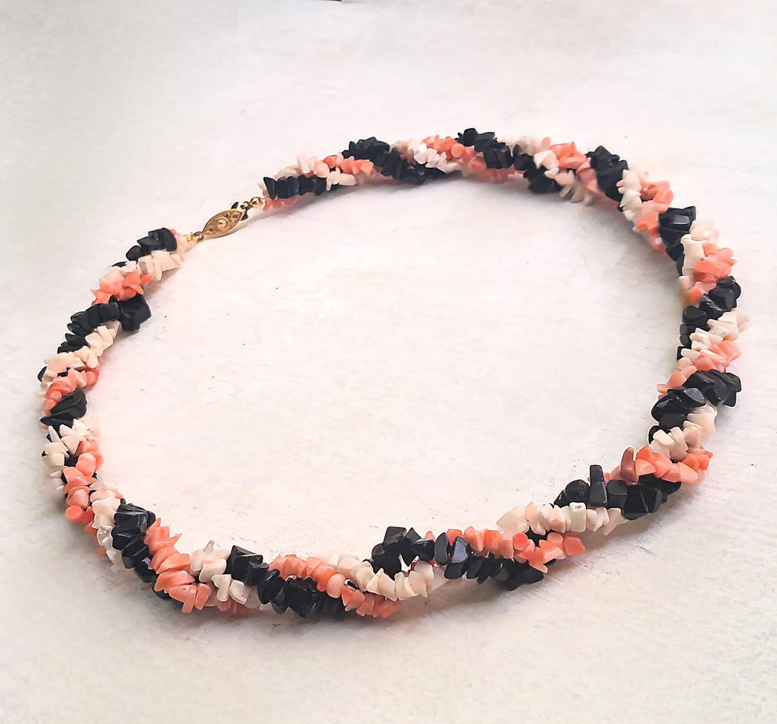 Gorgeous Pink Angelskin/Black/White Coral Necklace 19″ w/ Antique Fishhook Clasp