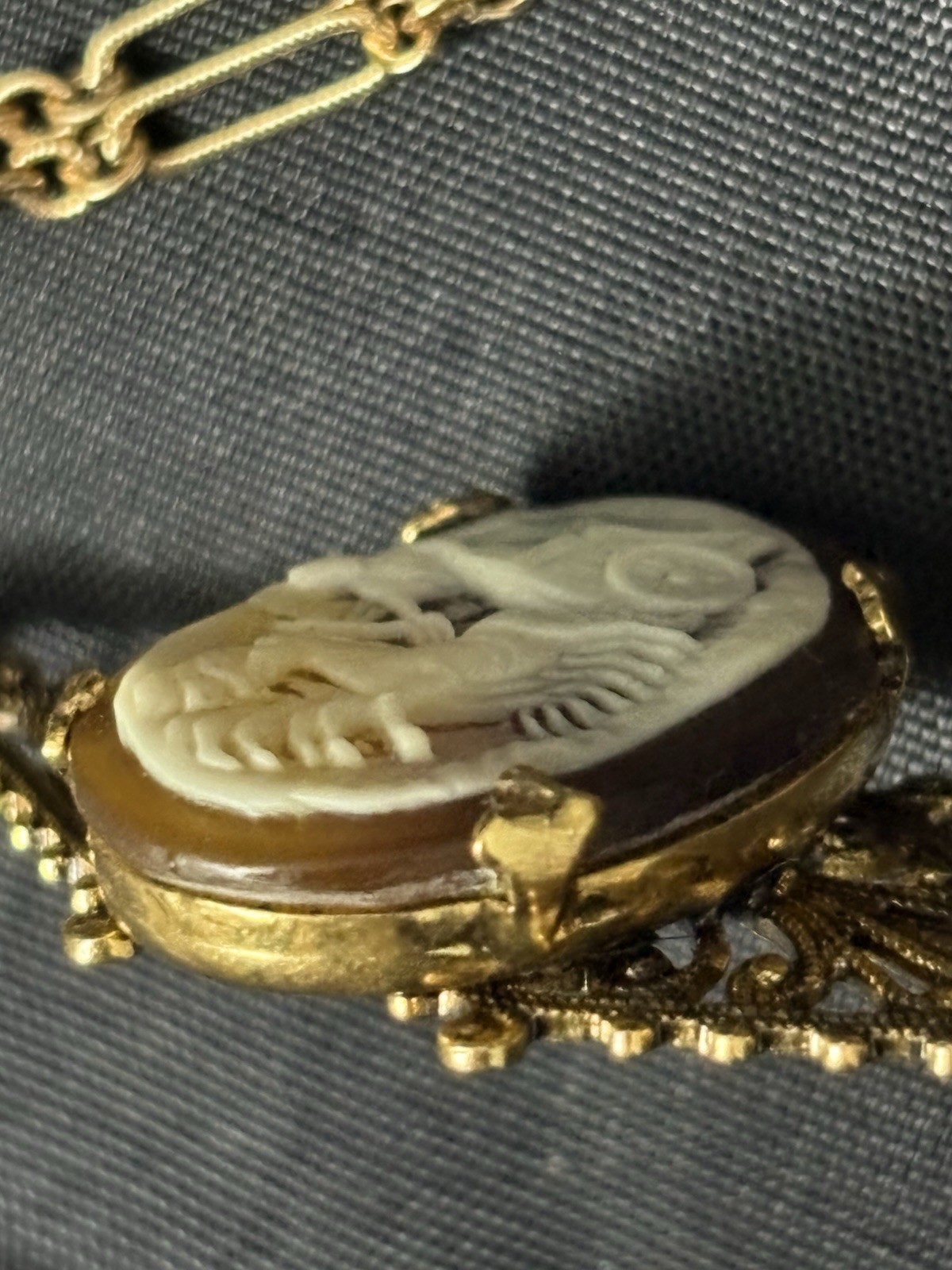 victorian Revival Cameo Pendant Necklace Gold Tone equestrian Horse Chariot 19”