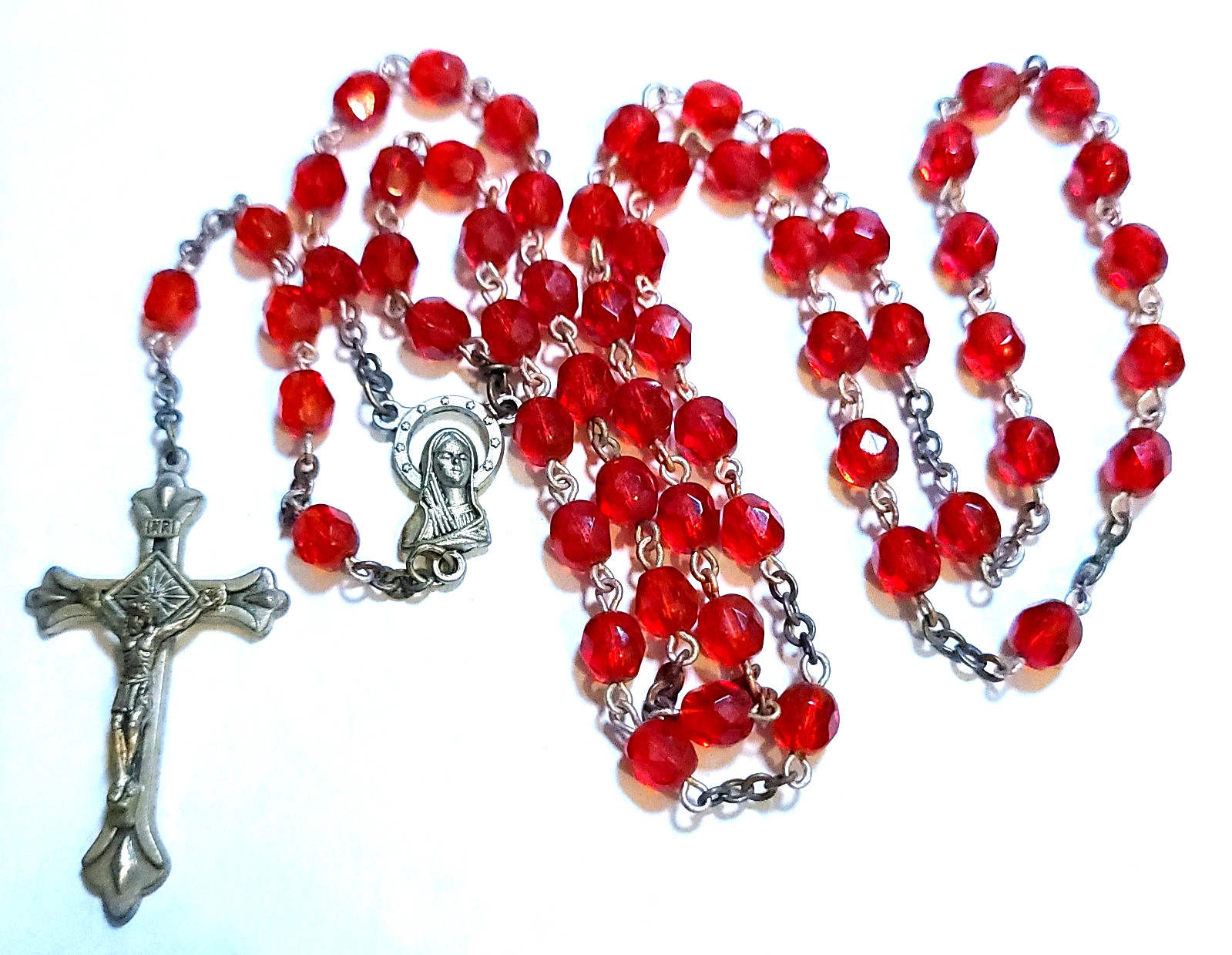 VINTAGE STUNNING RED FACETED GLASS SIGNED ITALY CATHOLIC ROSARY