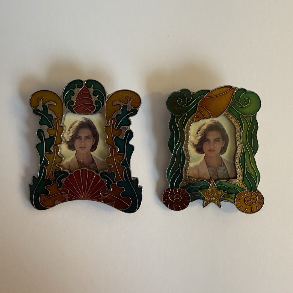 Vintage Cloisonne Enamel Portrait Photo Frame Brooch Pin Lot of 2 Art Nouveau