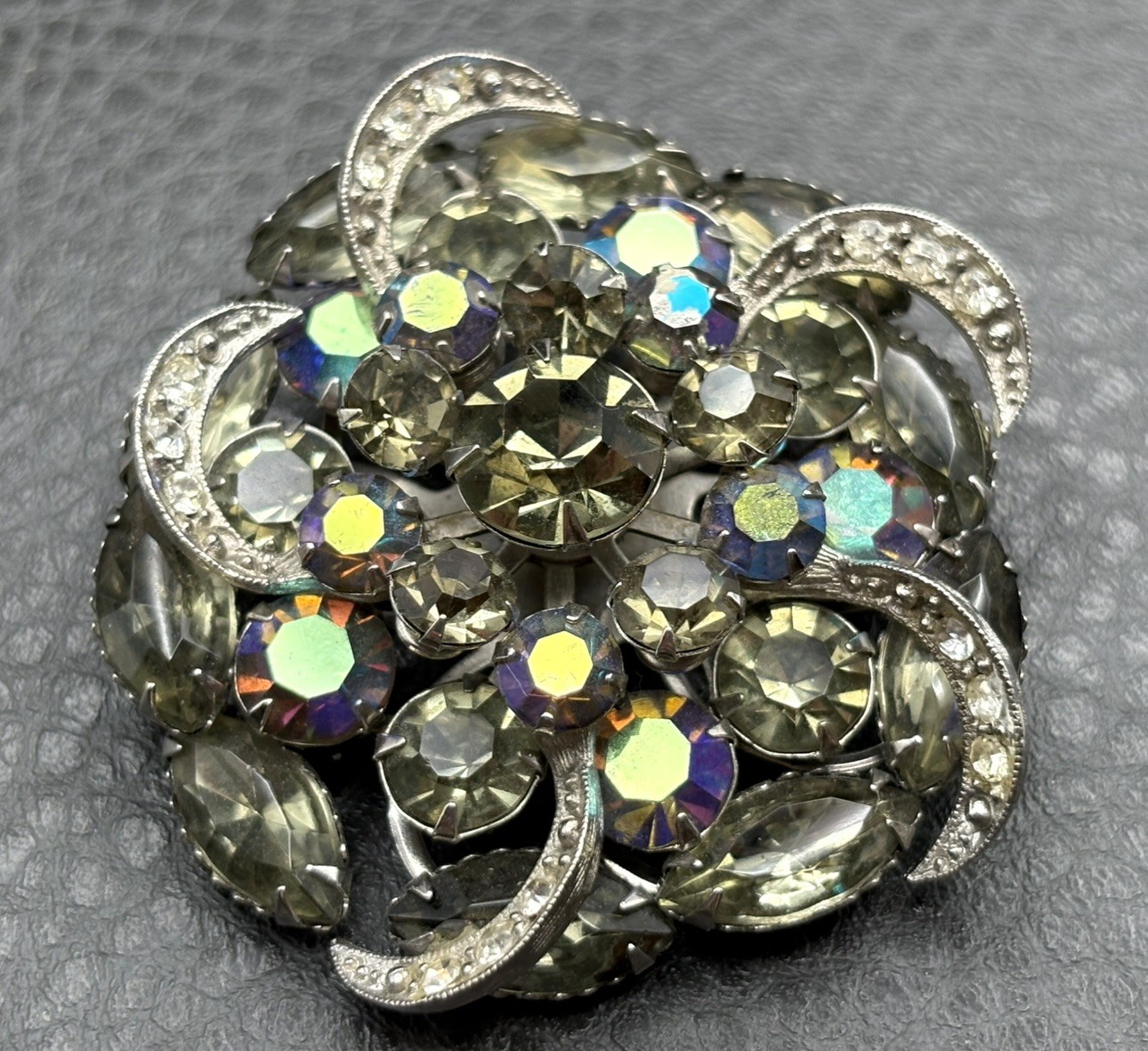 Vintage 2” Silver Tone Prong Set Smokey AB Rhinestone Cluster Statement Brooch