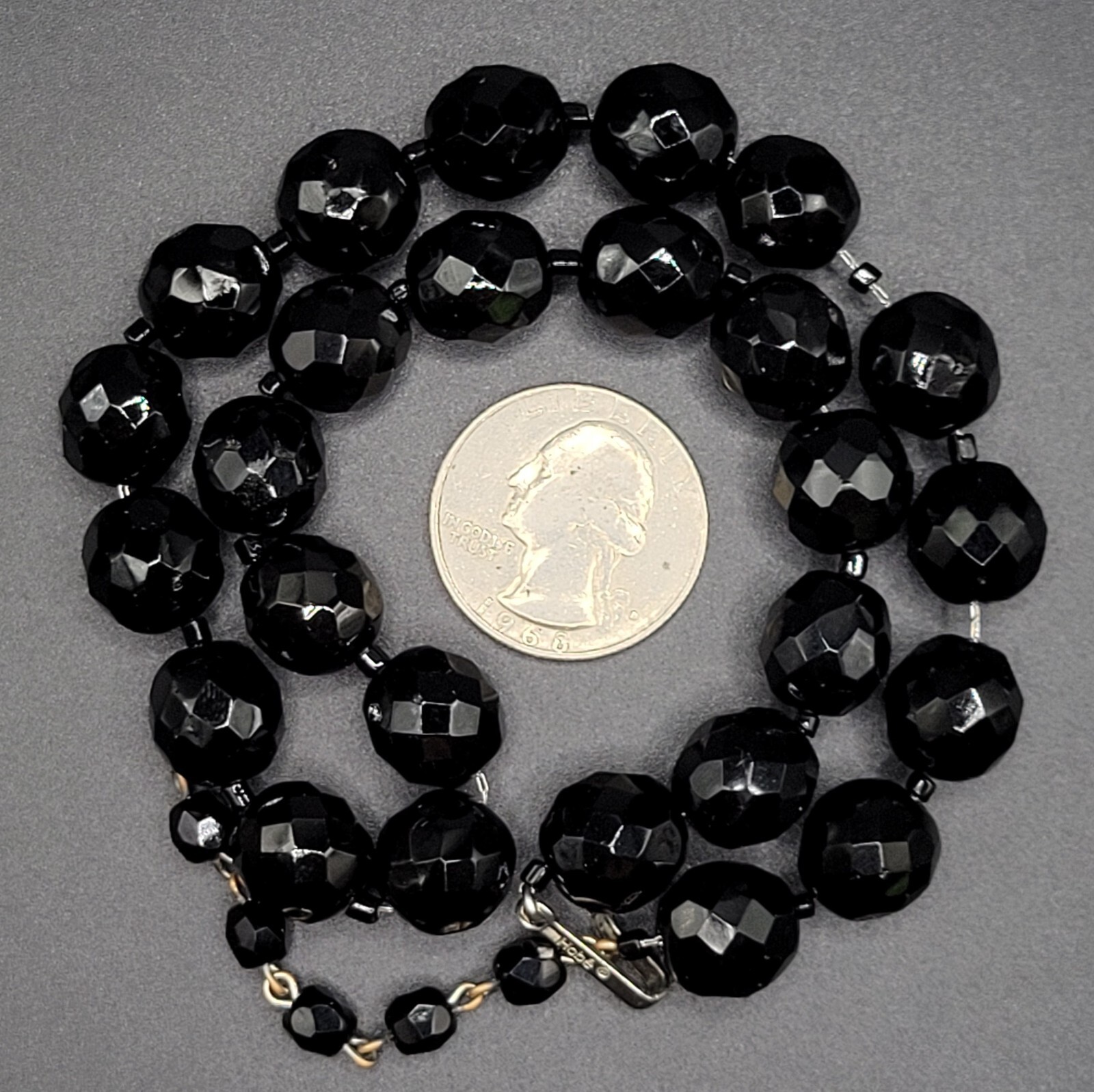 Vintage HOBE Beaded Necklace JET BLACK FACETED 10mm Beads 15-17″ CHOKER Classic