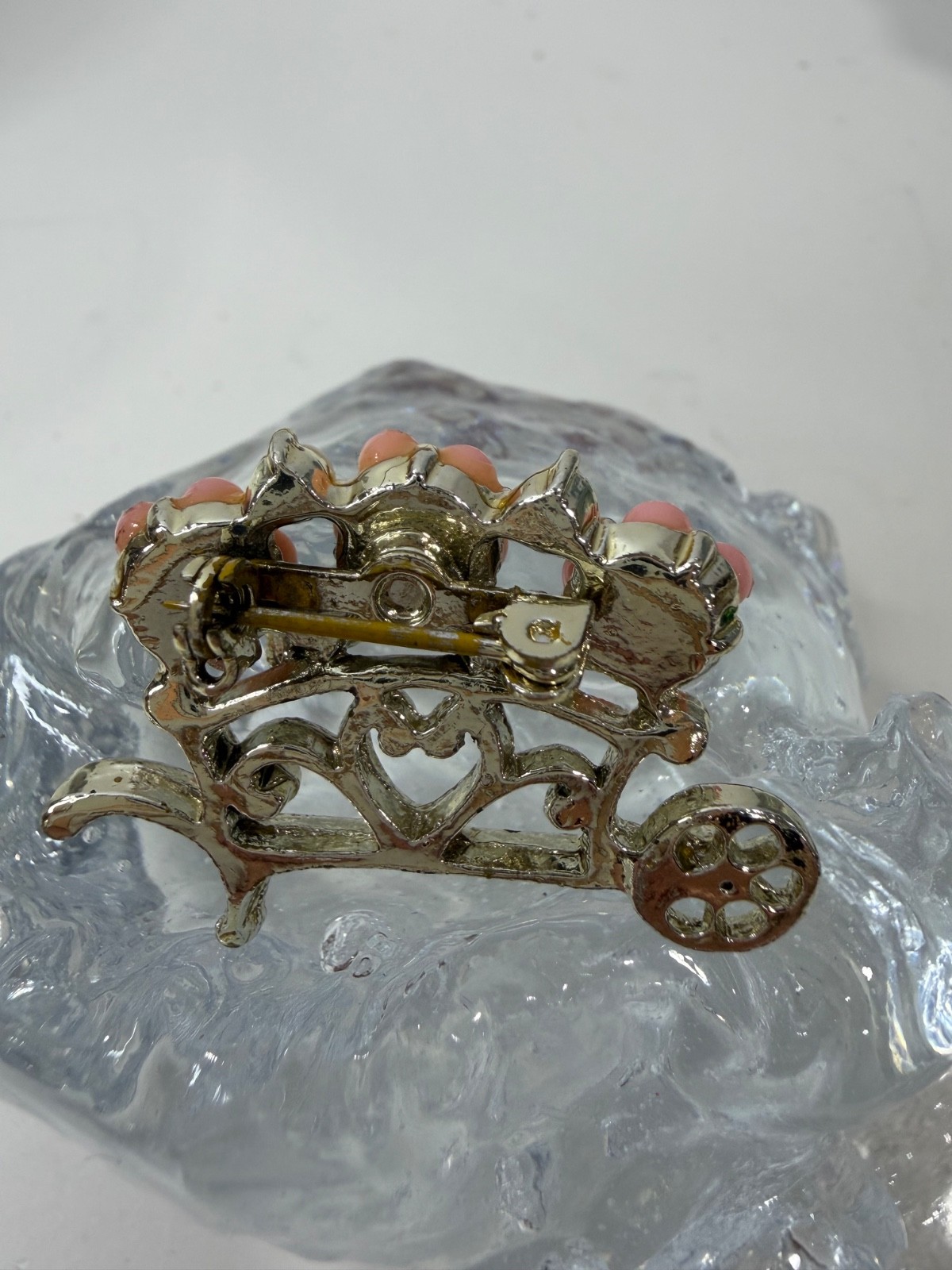 Vintage Gold Tone Pink Flowers with Whimsical Garden Wheelbarrow Brooch