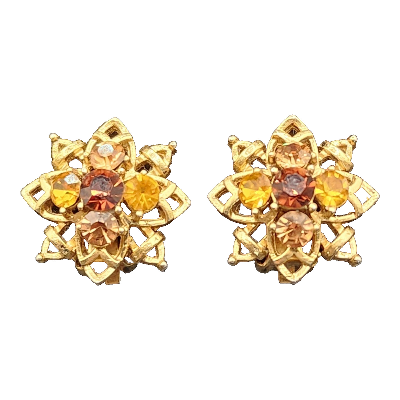 Vtg 1950s Gold-Tone Clip-On Earrings With Amber & Brown Rhinestone Flower Design