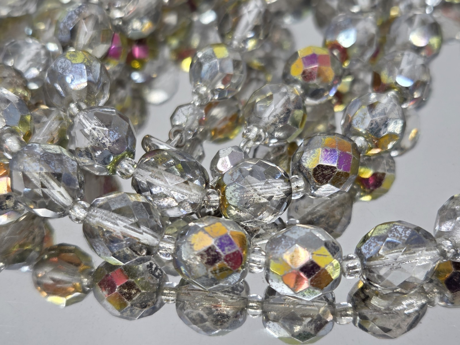 Mirrored AB Aurora Borealis Faceted Glass Necklace Vintage 36 Inches