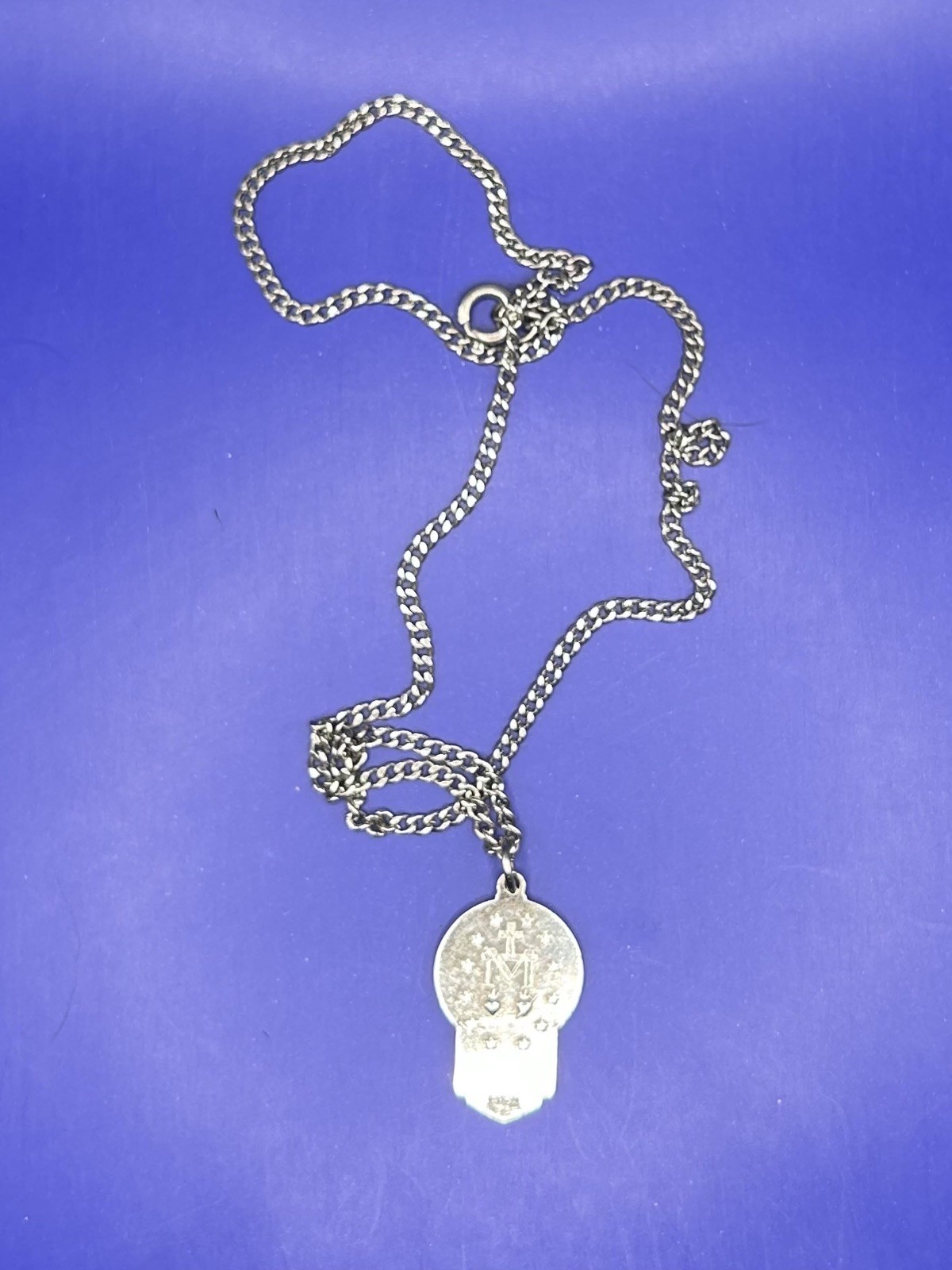 Antique Virgin Mary Pendant And Neck Chain. Sterling Silver with enameling.