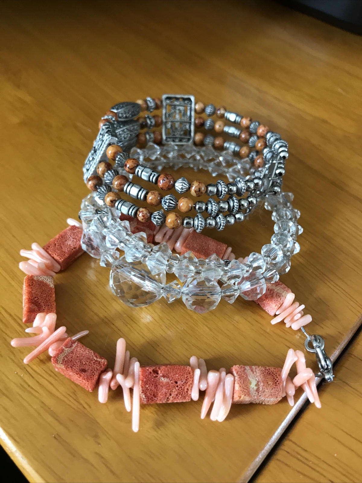 Lot of 3 Vintage Bracelets 7″ – faux Crystal, Peach, Brown/Gold