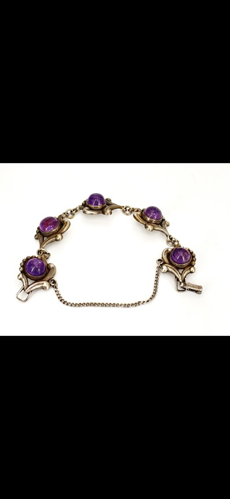 VTG LOS CASTILLO Taxco Sterling Silver Amethyst Floral Scrollwork Panel Bracelet