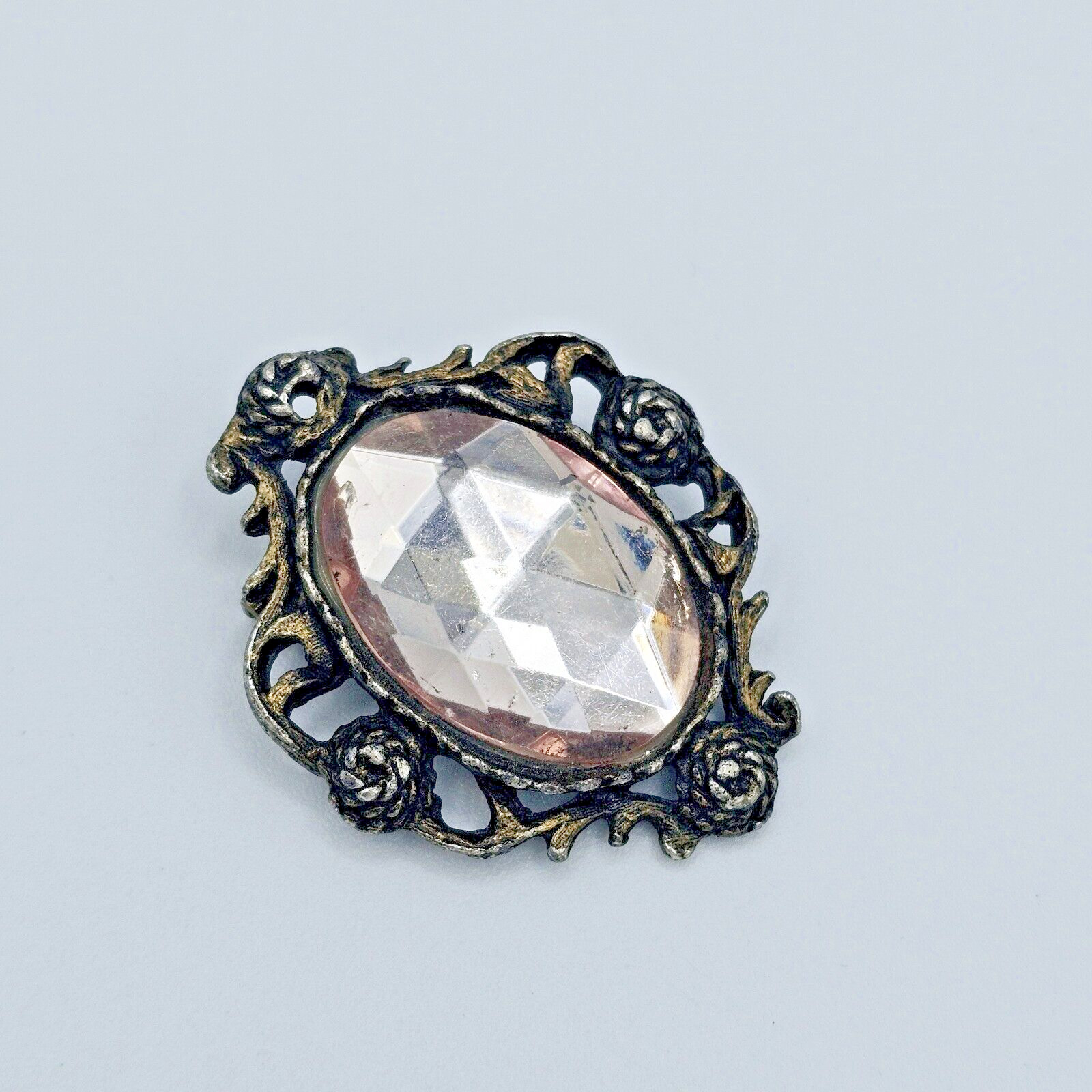 Victorian Faceted Gem Brooch Pendant Vintage Pale Pink Rope Flowers Estate Pin