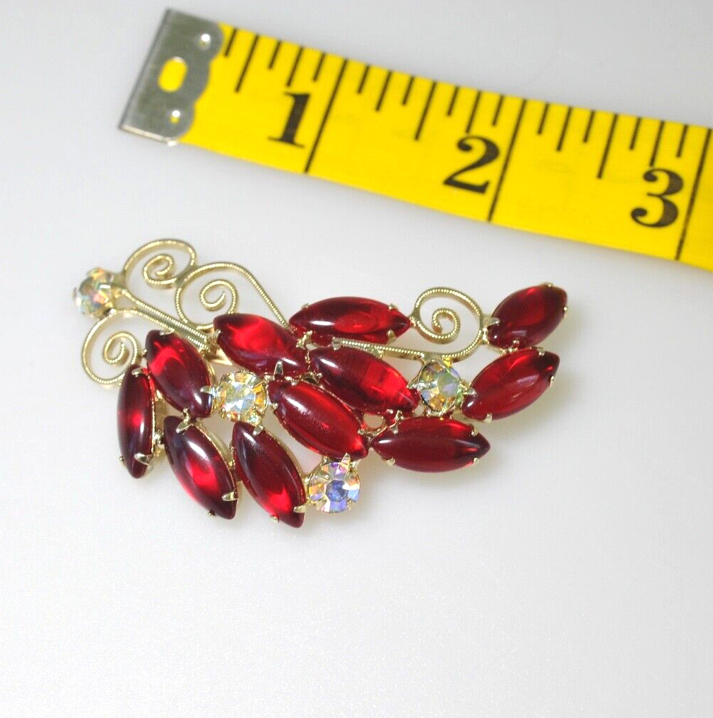 Brooch AB RED RHINESTONE FLOWER spray scroll prong open R34