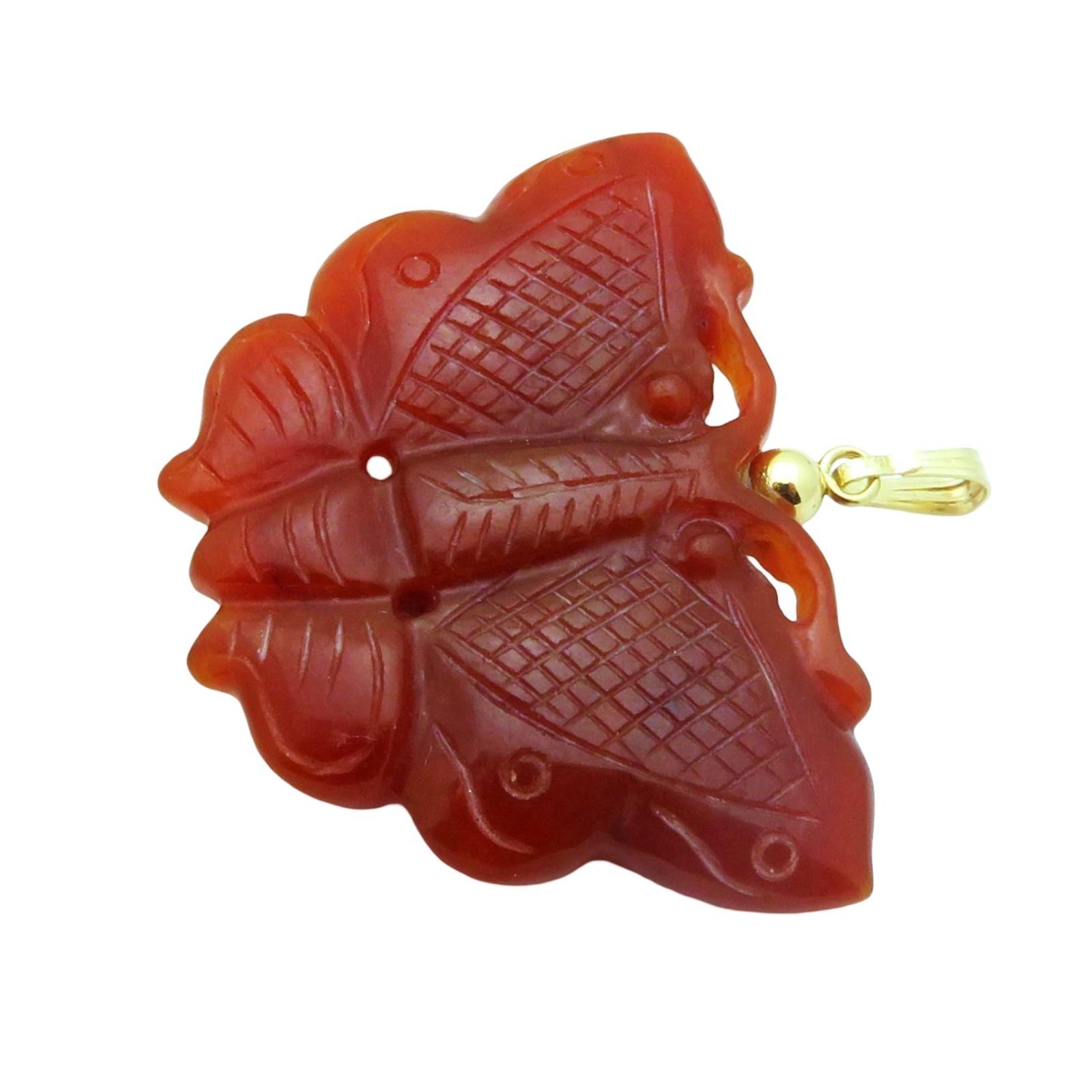 Vintage 14K Yellow Gold Natural Red Jadeite/Jade Carved Butterfly Pendant
