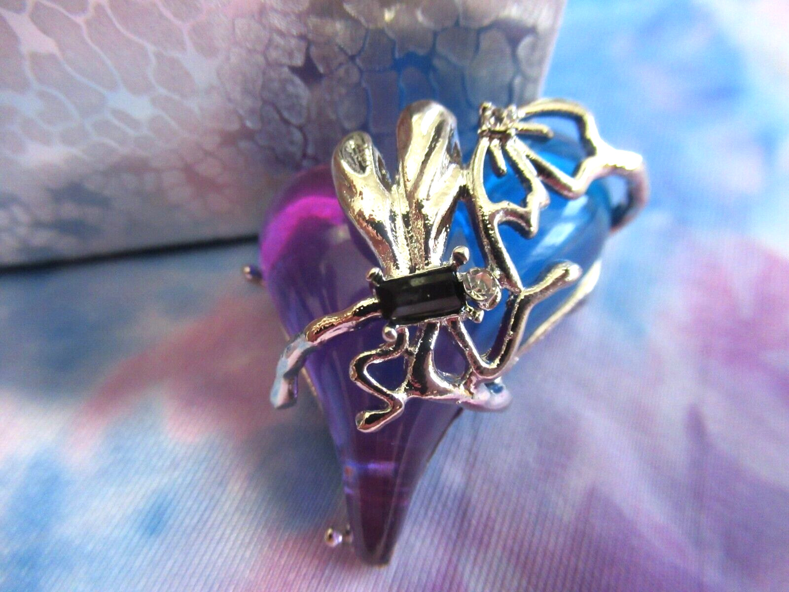 Gripoix Style Heart Brooch Purple & Blue Cabochon Silver Tone NEW