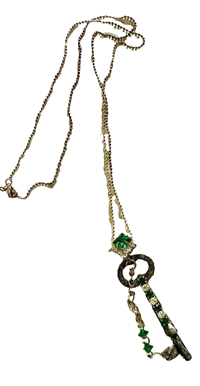 Vintage Key Necklace with Green Stones & Chain Included Newly Made by Artist