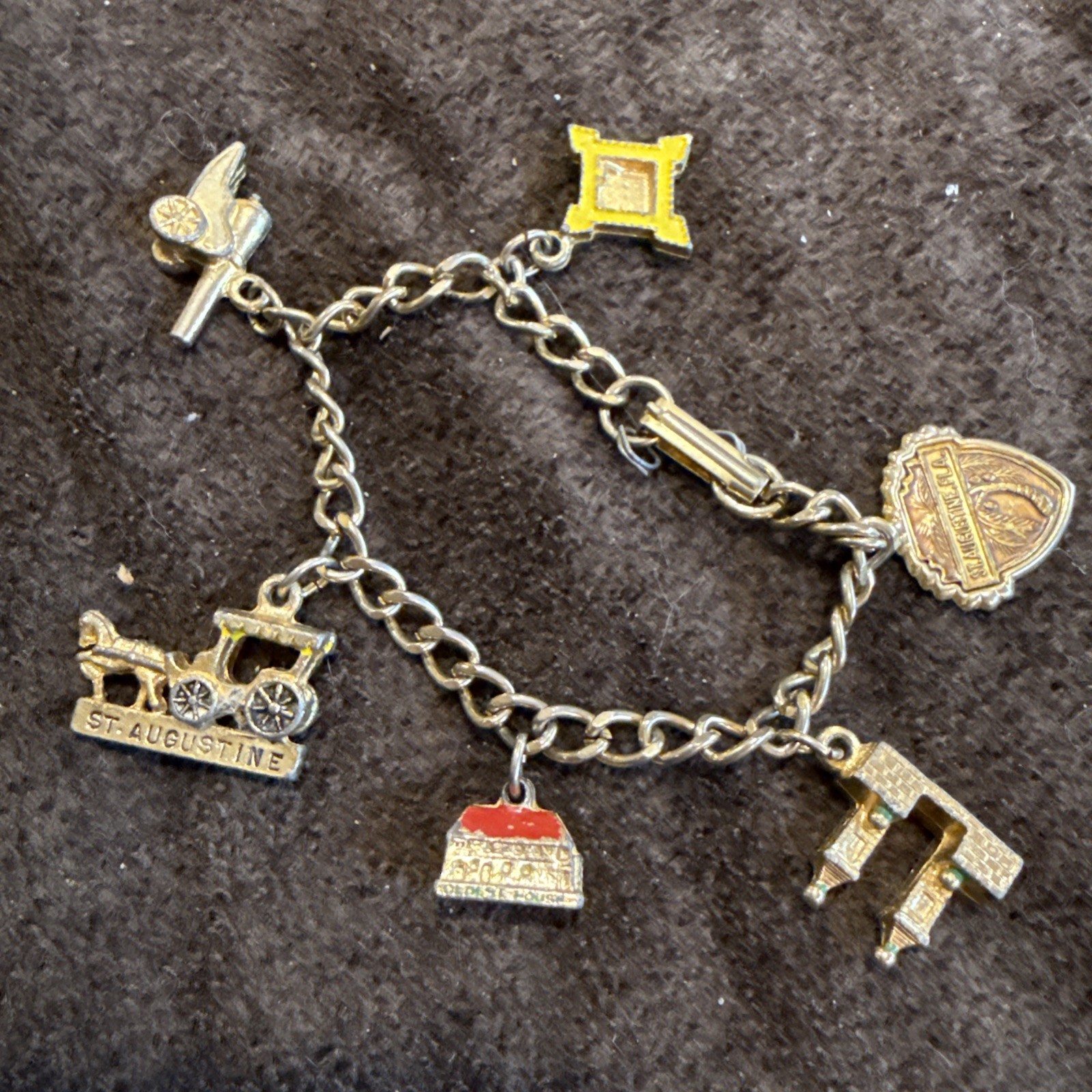 Vintage Saint Augustine Charm Bracelet Buildings Enamel Gold Tone Rope