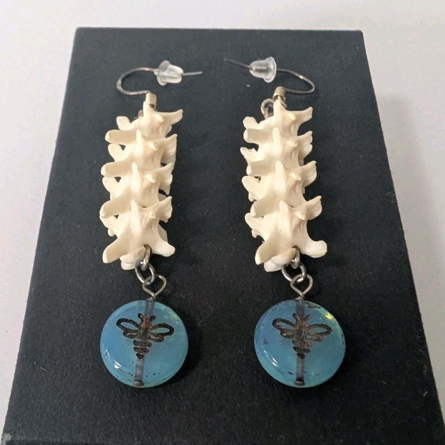 Snake Vertebrae Earrings Uranium Glass Bee Glow UV Dangle Handmade