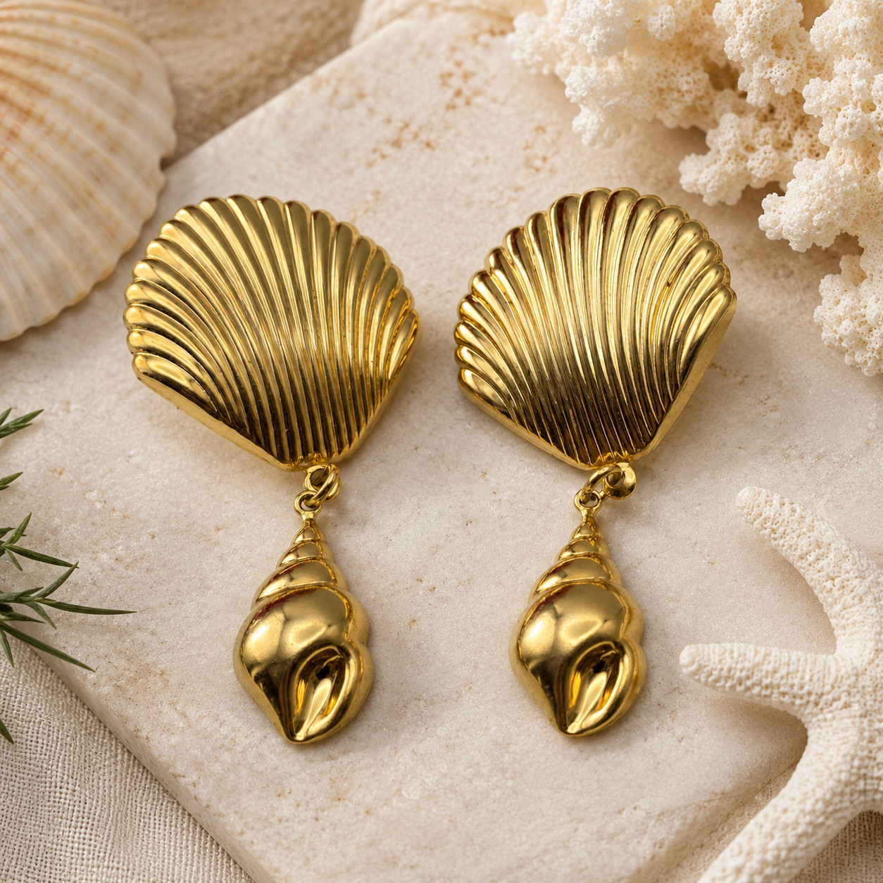 Vintage Gold Tone Scallop Shell Conch Drop Earrings 2 In Coastal Beachcore