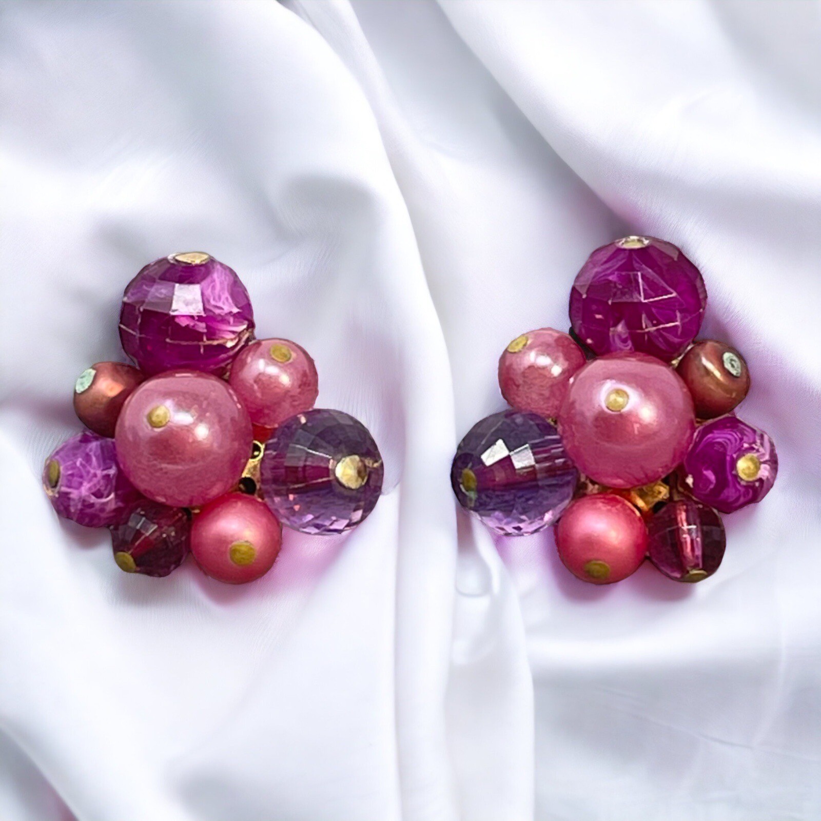 Vintage Zentall Purple Bead Cluster Clip On Earrings Faceted Crystal Faux Pearl