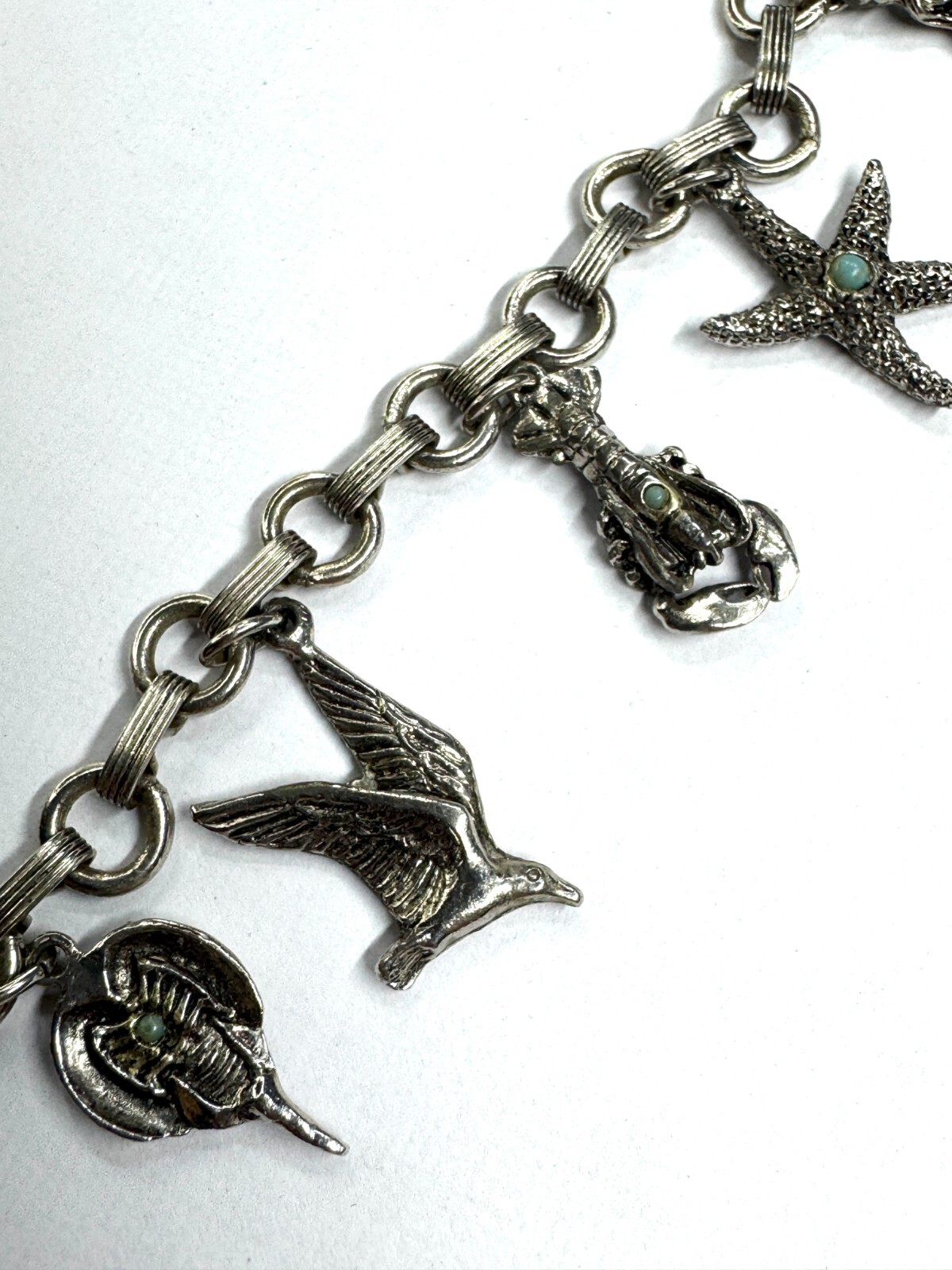Vintage Silver Metal NOT STERLING Sealife Sea Nautical Lobster Charm Bracelet